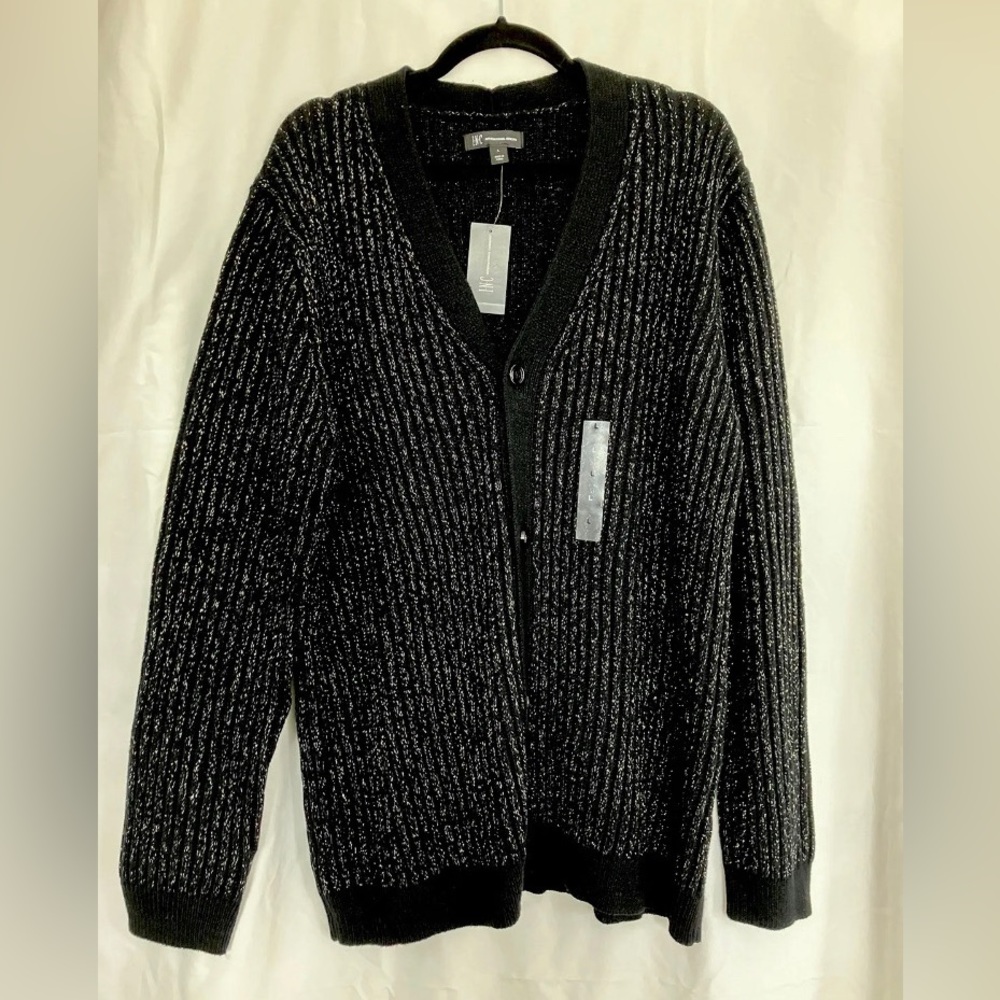 INC Mens Twisted Classic Fit Metallic Ribbed Cardigan Sweater BLACK - Size L